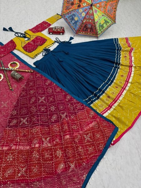 Intricate Blue Navratri Lehenga Choli with Ribbon Lace Detailing and Fox Georgette Dupatta Navratri Lehnega Choli