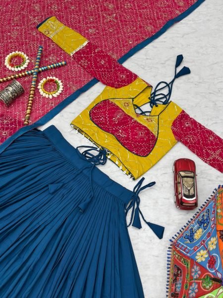 Intricate Blue Navratri Lehenga Choli with Ribbon Lace Detailing and Fox Georgette Dupatta Navratri Lehnega Choli