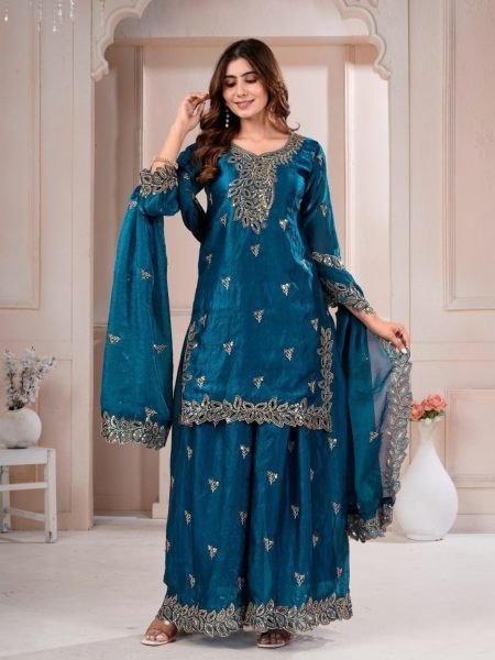 Intricate Blue Premium Fendy Silk Sharara Suit with Sequence Embroidery at Wholesale  