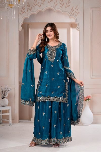 Intricate Blue Premium Fendy Silk Sharara Suit with Sequence Embroidery at Wholesale  Ready To Wear Collection