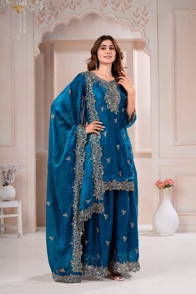 Intricate Blue Premium Fendy Silk Sharara Suit with Sequence Embroidery at Wholesale  Ready To Wear Collection