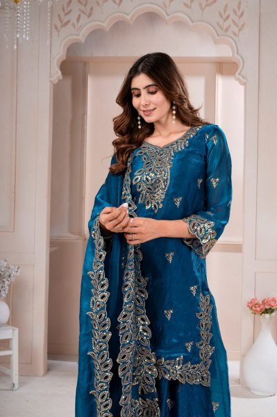 Intricate Blue Premium Fendy Silk Sharara Suit with Sequence Embroidery at Wholesale  Ready To Wear Collection