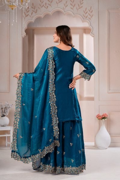 Intricate Blue Premium Fendy Silk Sharara Suit with Sequence Embroidery at Wholesale  Ready To Wear Collection