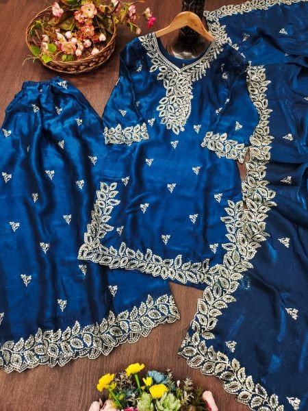 Intricate Blue Premium Fendy Silk Sharara Suit with Sequence Embroidery at Wholesale  Ready To Wear Collection