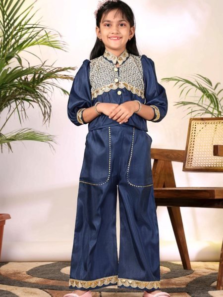 Intricate Blue Stylish Girls Top with Plazzo Set for Festive and Casual Wear Kurtis