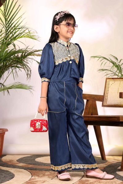 Intricate Blue Stylish Girls Top with Plazzo Set for Festive and Casual Wear Girls Wear