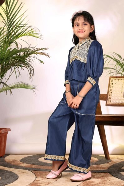 Intricate Blue Stylish Girls Top with Plazzo Set for Festive and Casual Wear Girls Wear