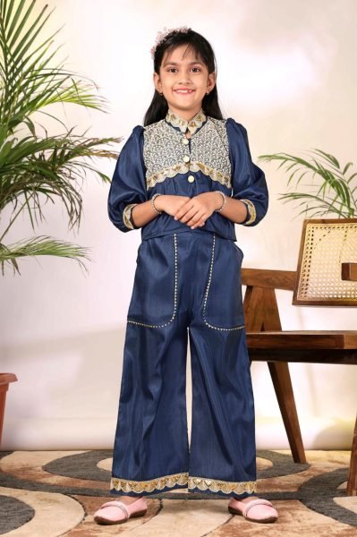 Intricate Blue Stylish Girls Top with Plazzo Set for Festive and Casual Wear Girls Wear