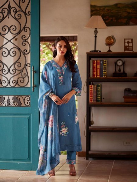 Intricate Blue Women s Cotton Ethnic Set with Embroidery and Ready to Wear Stitching Salwar Kameez