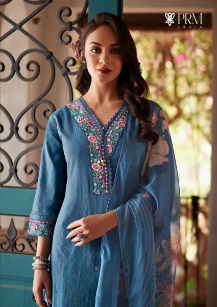 Intricate Blue Women s Cotton Ethnic Set with Embroidery and Ready to Wear Stitching Pakistani Suits Wholesale
