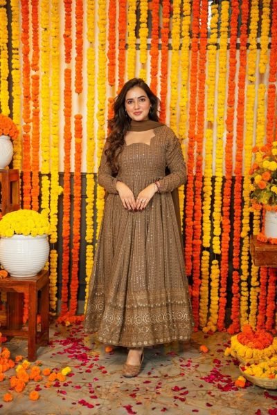 Intricate Brown Fully Stitched Embroidered Suit for Reception and Traditional Functions Ready To Wear Collection