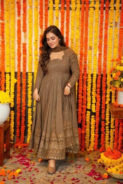 Intricate Brown Fully Stitched Embroidered Suit for Reception and Traditional Functions Ready To Wear Collection
