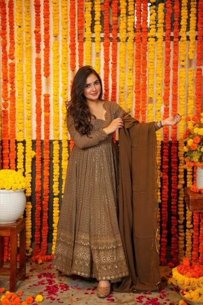 Intricate Brown Fully Stitched Embroidered Suit for Reception and Traditional Functions Ready To Wear Collection