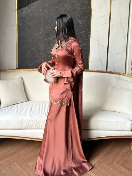 Intricate Brown Natural Crepe Silk Embroidered Kurti with Flared Sharara and Designer Dupatta 