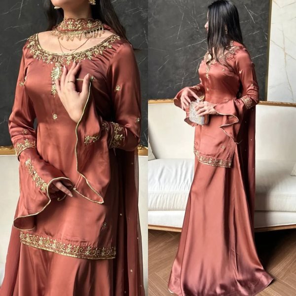 Intricate Brown Natural Crepe Silk Embroidered Kurti with Flared Sharara and Designer Dupatta Ready To Wear Collection