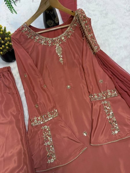 Intricate Brown Natural Crepe Silk Embroidered Kurti with Flared Sharara and Designer Dupatta Ready To Wear Collection