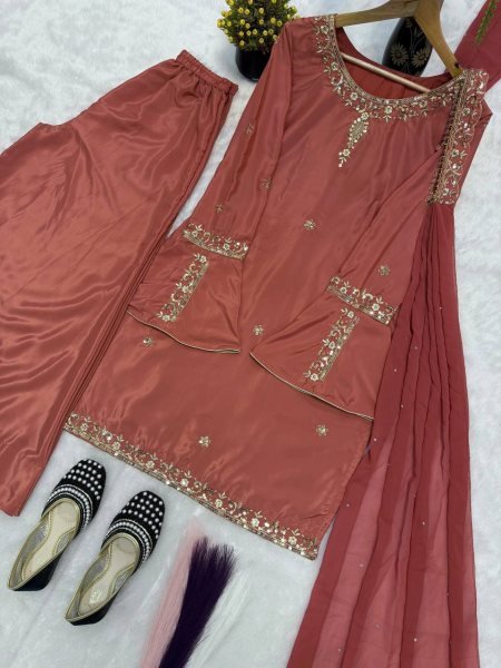 Intricate Brown Natural Crepe Silk Embroidered Kurti with Flared Sharara and Designer Dupatta Ready To Wear Collection