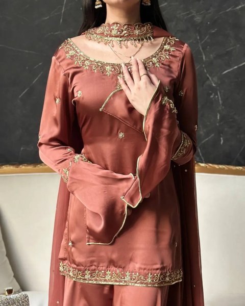Intricate Brown Natural Crepe Silk Embroidered Kurti with Flared Sharara and Designer Dupatta Ready To Wear Collection