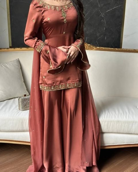 Intricate Brown Natural Crepe Silk Embroidered Kurti with Flared Sharara and Designer Dupatta Ready To Wear Collection