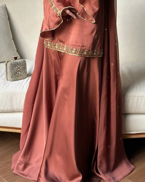 Intricate Brown Natural Crepe Silk Embroidered Kurti with Flared Sharara and Designer Dupatta Ready To Wear Collection