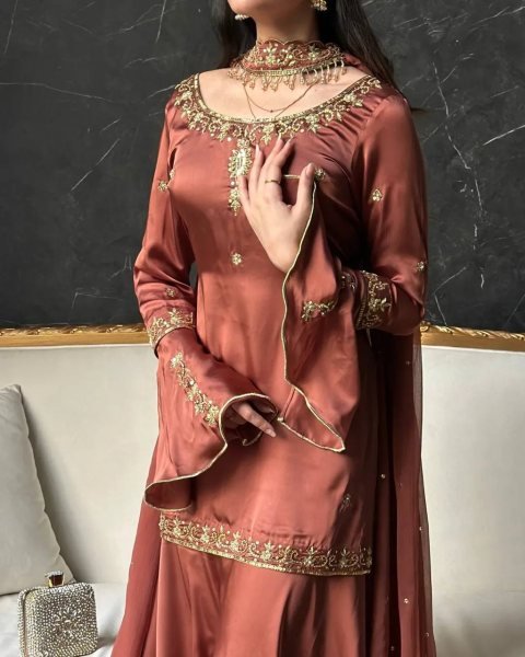 Intricate Brown Natural Crepe Silk Embroidered Kurti with Flared Sharara and Designer Dupatta Ready To Wear Collection