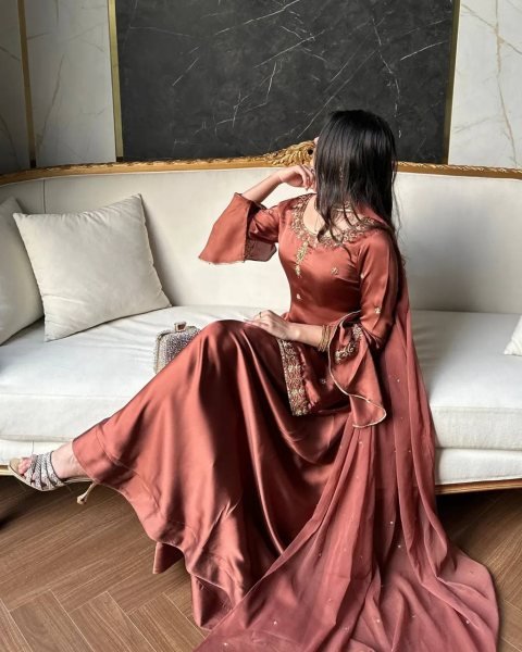 Intricate Brown Natural Crepe Silk Embroidered Kurti with Flared Sharara and Designer Dupatta Ready To Wear Collection