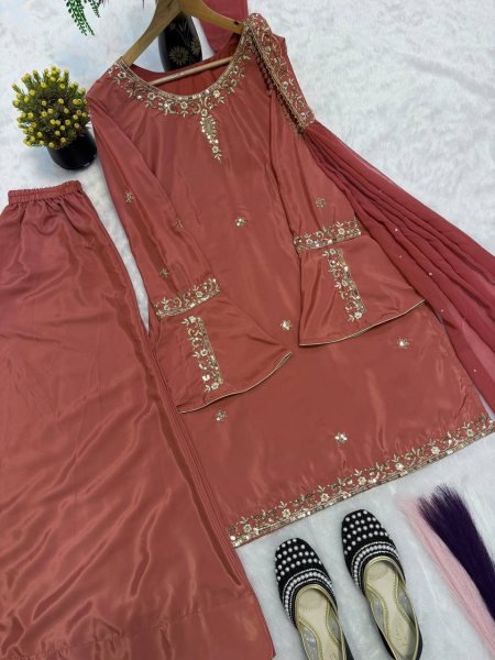 Intricate Brown Natural Crepe Silk Embroidered Kurti with Flared Sharara and Designer Dupatta Ready To Wear Collection