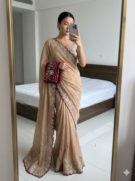 Intricate Cream Star Georgette Saree with Heavy Sequence Work for Party Wear Designer Wedding Sarees Wholesale