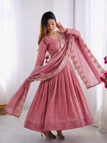 Intricate Embroidered Baby Pink Crunchy Silk Anarkali Gown Set with Dupatta  