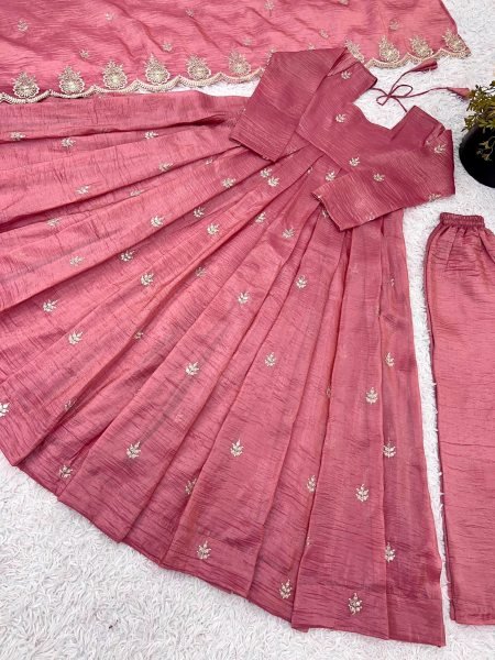 Intricate Embroidered Baby Pink Crunchy Silk Anarkali Gown Set with Dupatta  Ready To Wear Collection