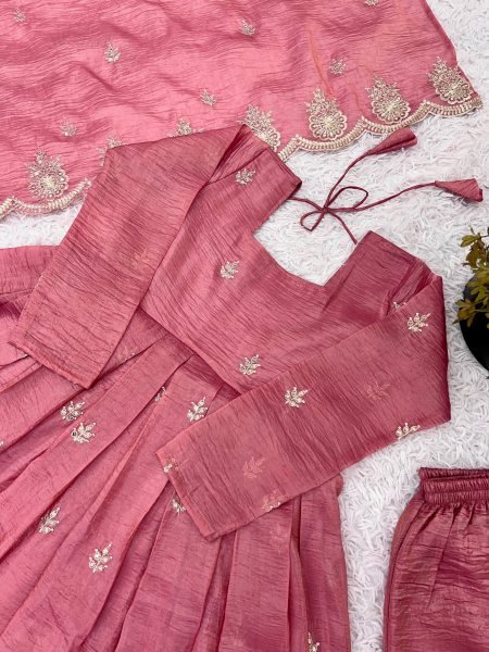 Intricate Embroidered Baby Pink Crunchy Silk Anarkali Gown Set with Dupatta  Ready To Wear Collection