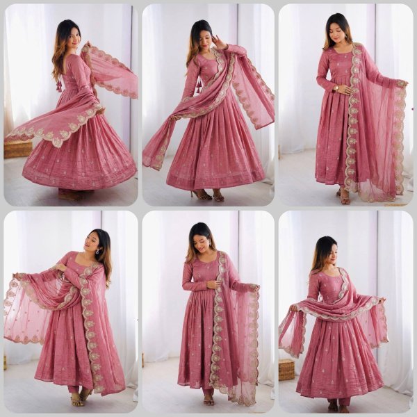 Intricate Embroidered Baby Pink Crunchy Silk Anarkali Gown Set with Dupatta  Ready To Wear Collection