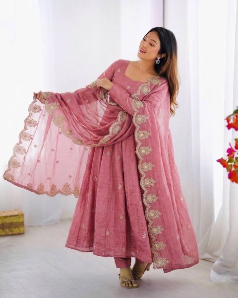 Intricate Embroidered Baby Pink Crunchy Silk Anarkali Gown Set with Dupatta  Ready To Wear Collection