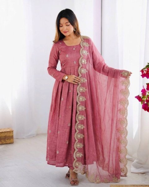 Intricate Embroidered Baby Pink Crunchy Silk Anarkali Gown Set with Dupatta  Ready To Wear Collection
