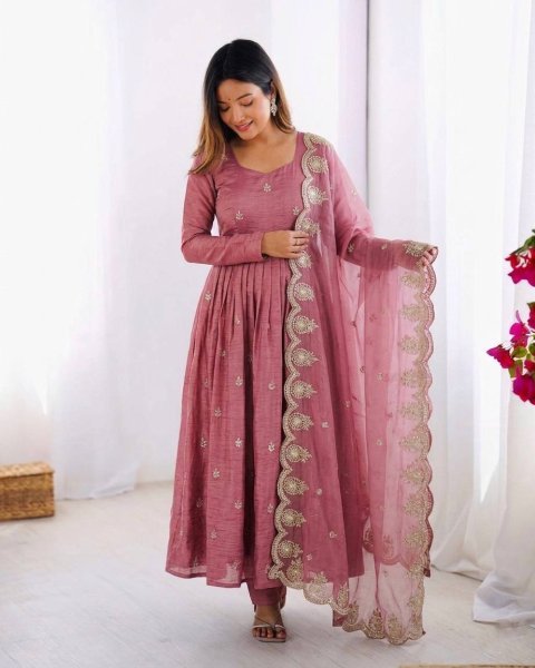 Intricate Embroidered Baby Pink Crunchy Silk Anarkali Gown Set with Dupatta  Ready To Wear Collection