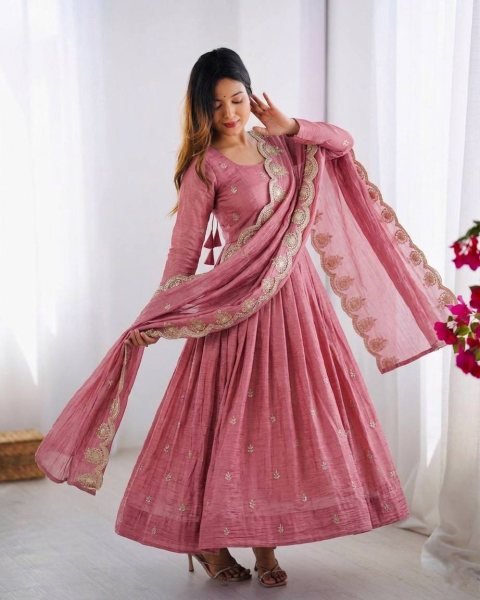 Intricate Embroidered Baby Pink Crunchy Silk Anarkali Gown Set with Dupatta  Ready To Wear Collection