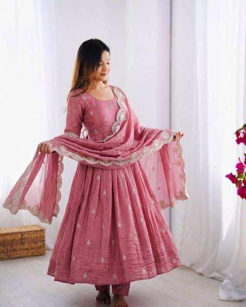 Intricate Embroidered Baby Pink Crunchy Silk Anarkali Gown Set with Dupatta  Ready To Wear Collection