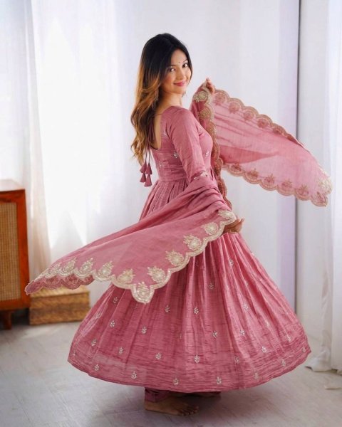 Intricate Embroidered Baby Pink Crunchy Silk Anarkali Gown Set with Dupatta  Ready To Wear Collection