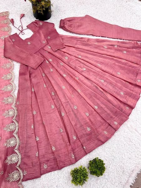 Intricate Embroidered Baby Pink Crunchy Silk Anarkali Gown Set with Dupatta  Ready To Wear Collection
