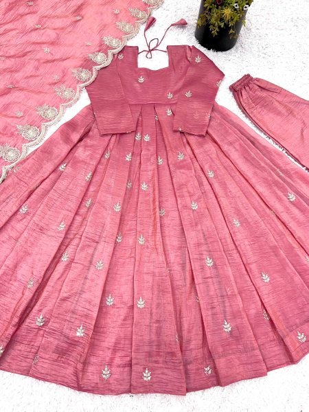 Intricate Embroidered Baby Pink Crunchy Silk Anarkali Gown Set with Dupatta  Ready To Wear Collection
