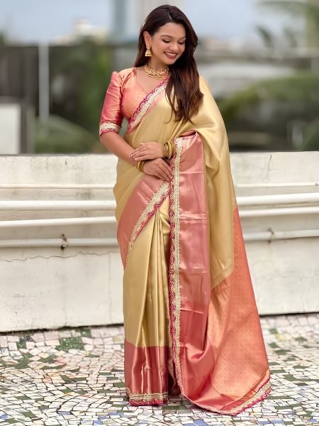 Intricate Golden Soft Tissue Silk Saree with Designer Border and Sequins Work For Wedding 