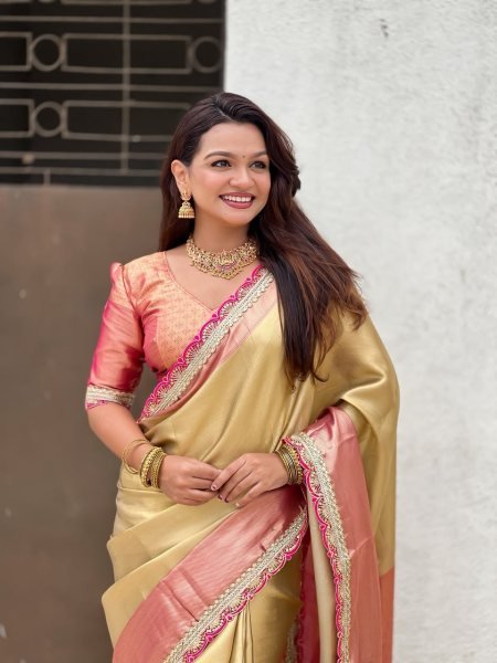 Intricate Golden Soft Tissue Silk Saree with Designer Border and Sequins Work For Wedding Silk Sarees Wholesale