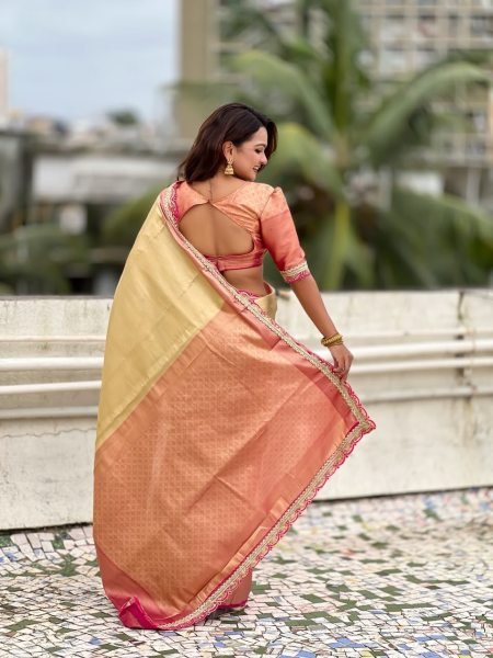 Intricate Golden Soft Tissue Silk Saree with Designer Border and Sequins Work For Wedding Silk Sarees Wholesale