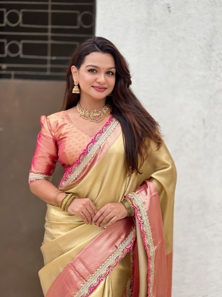 Intricate Golden Soft Tissue Silk Saree with Designer Border and Sequins Work For Wedding Silk Sarees Wholesale