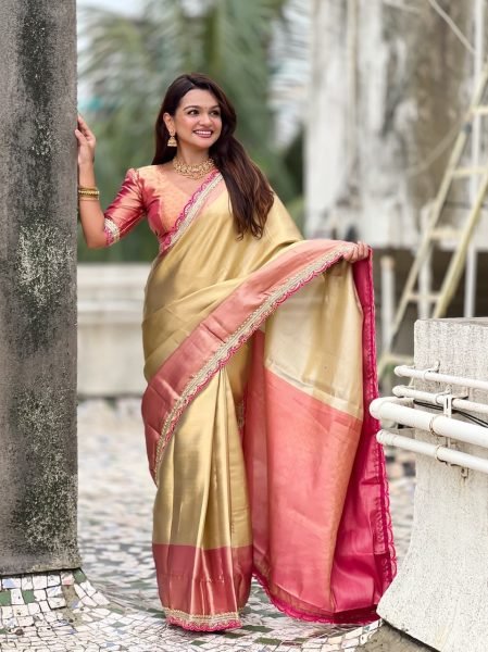 Intricate Golden Soft Tissue Silk Saree with Designer Border and Sequins Work For Wedding Silk Sarees Wholesale