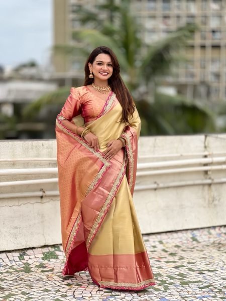 Intricate Golden Soft Tissue Silk Saree with Designer Border and Sequins Work For Wedding Silk Sarees Wholesale
