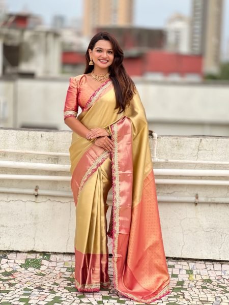 Intricate Golden Soft Tissue Silk Saree with Designer Border and Sequins Work For Wedding Silk Sarees Wholesale