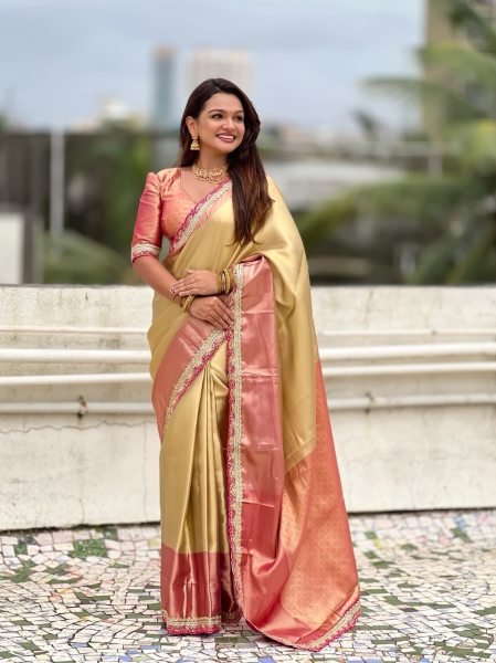 Intricate Golden Soft Tissue Silk Saree with Designer Border and Sequins Work For Wedding Silk Sarees Wholesale