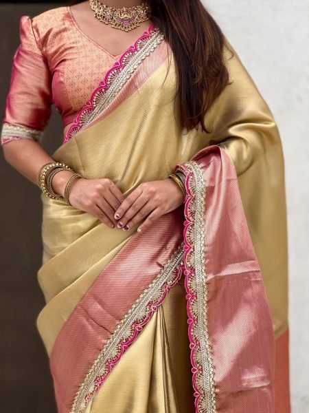 Intricate Golden Soft Tissue Silk Saree with Designer Border and Sequins Work For Wedding Silk Sarees Wholesale