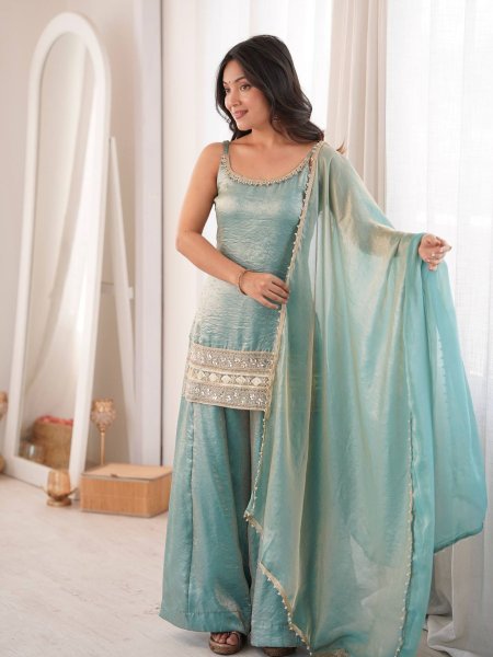 Intricate Green Crush Suit Sleeveless Set with Real Mirror Work With Zig Zag Dori Pattern  Ready To Wear Suit